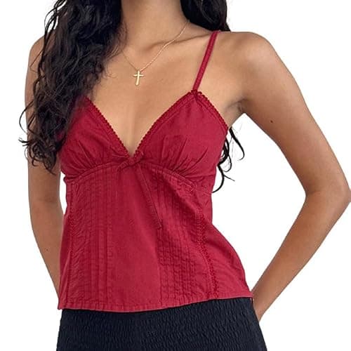 Women Y2k Babydoll Tank Tops Lace Trim V Neck Crop Cami Spaghetti Strap Peplum Top Summer Cute Aesthetic Flowy Shirts - Image 1