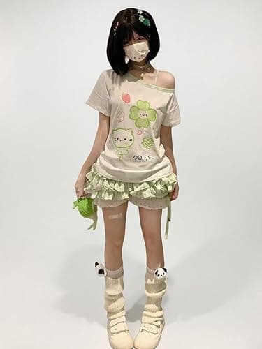Y2K Harajuku Cartoon Print T-Shirts Gothic Women Cutecore Shirt Fashion Off Shoulder T Shirt Kawaii Sweet Girls Tees Tops thumbnail 5