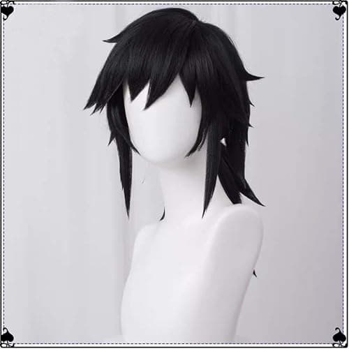 GZIRUE Giyu Giyuu Tomioka Wig Cosplay Black Fluffy Spiky Hair Costume Wig with Ponytail Wig Cap thumbnail 2
