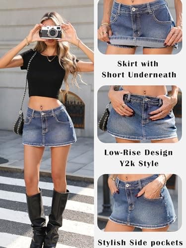 ELLEVEN Jean Skirts for Women Denim Mini Skorts Low Strechy Rise Dressy Casual Micro Y2k Skirt with Shorts Underneath Blue Small thumbnail 4