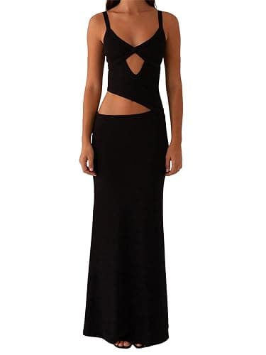 ensswliz Sexy Cut Out Maxi Dress for Women Spaghetti Strap Backless Bodycon Dress Y2k Hollow Sleeveless Formal Long Dresses - Image 1