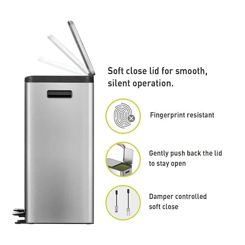 EKO EcoCasa Stainless Steel Dual Step Trash Can for Recycling, 30L+20L Rectangular Kitchen Trash Can, Independent Pedals and Lids, Soft Close and Fingerprint Resistant - 30L + 20L thumbnail 8