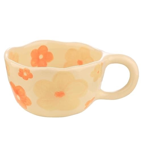 VanEnjoy Ceramic Cup, Cute Coffee Mug, Strawberry Mug, Aesthetic Coffee Mug, Retro Flower Mug, Ceramic Tea, 10oz/300ml for Tea Coffee, Milk and Oatmeal - Orange flower - Image 1