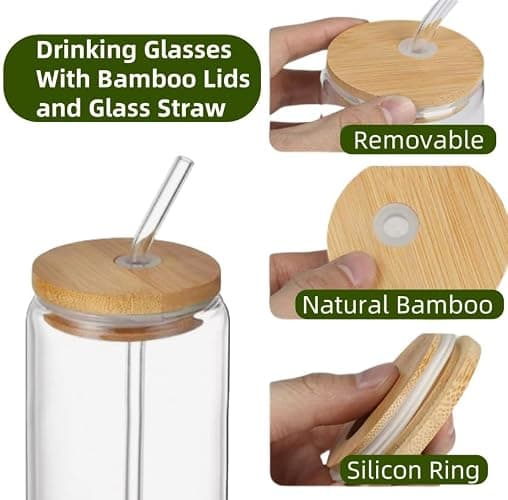 Siocok 500ml Can Shaped Glass Cups Set, Drinking Glasses with Bamboo Lids and Glass Straw, Reusable Can Shaped Cups Set,for Smoothies, Beer, Cola, Juice, Soda,Cocktail, Milk thumbnail 4