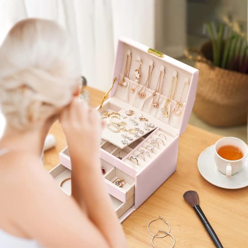 Caja de Almacenamiento, E T EASYTAO Cubo de Organizador con Cerradura, Caja de Almacenamiento de Cuero para Anillos, Pendientes, Collares, Pulseras, Etc, Perfecto Regalo para Mujeres (Rosa) thumbnail 6