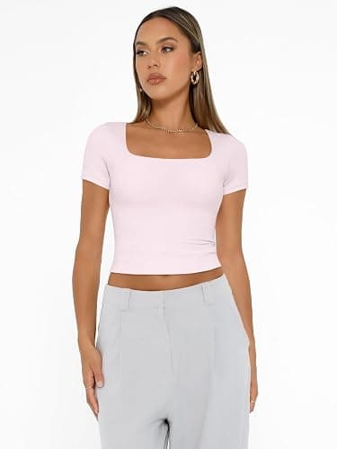 AUTOMET Womens Double Lined Short Sleeve Crop Top for Summer Going Out Workout Gym thumbnail 6