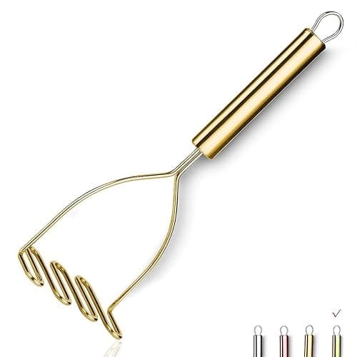 Gold Potato Masher, Stainless Steel Heavy Duty Metal Potato Ricer With Titanium Golden Plating, Food Masher Utensil, Hand Masher, Vegetables Fruits Mashe, Dishwasher Safe (9.6 Inch) - Image 1
