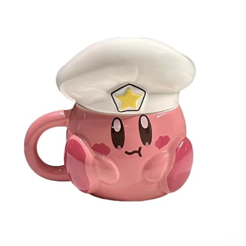 Bibykivn Taza Creativa De Cerámica Regalos Para Niños Y Parejas Cerámica Diseño De Dibujos Animados 500 Mililitros Taza Moca Original Bonita Decorativa Para Café Té Con Tapadera (Kirby) - Image 1