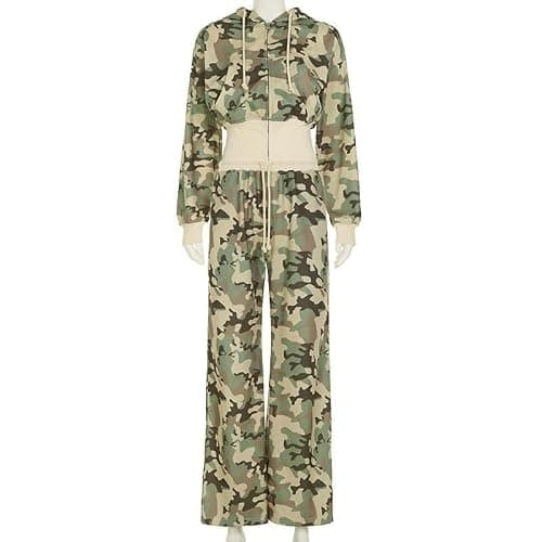 Gugujing 2 Piece Camouflage Tracksuit Set For Women,Long Sleeve Hooded Top With Wide Leg Pants,Casual Zipper Sweatsuit thumbnail 2