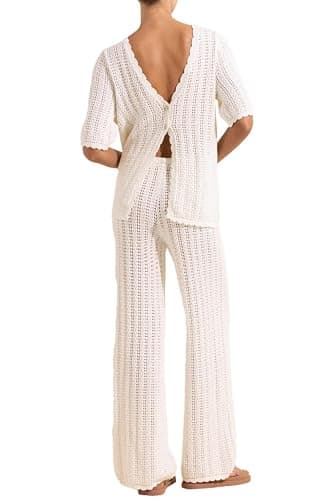 Imily Bela Women's Summer 2 Piece Swimsuit Cover up Crochet Knit Cardigan Tops Long Pants Set Bathing Suit Beach Outfit thumbnail 7