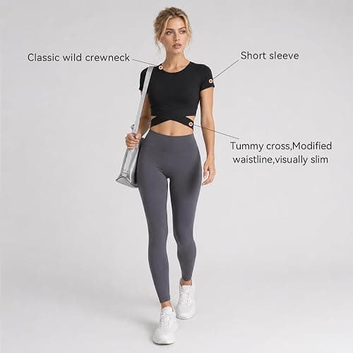 DREAM SLIM Short Sleeve Crop Tops for Women Tummy Cross Fitted Yoga Running Shirts Gym Workout Cropped Tank Tops thumbnail 5