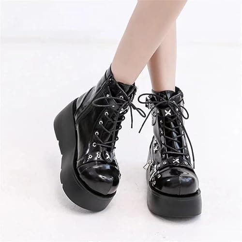 Cute Emo Shoes Goth Black with Metal Charms Chunky Platform Comfy Non Slip Lightweight Softy Casual Plus Size Boots Punk Kawaii Pretty Retro Trendy Gifts for Women & Girls Spring Streetwear Rave thumbnail 3