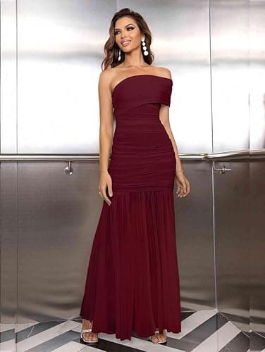 LAGSHIAN Women's Elegant Formal Long Dress One Shoulder Sleeveless Ruched Bodycon Evening Dress thumbnail 3