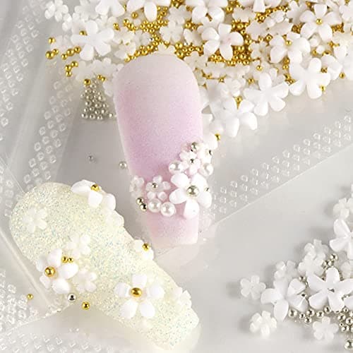 3D Flower Caviar Beads Nail Art Decals Charms for Nails, White Pink 3D Acrylic Flower Nail Charms with Pearl Golden Caviar Beads for Women DIY Manicures Salon Accessories thumbnail 4