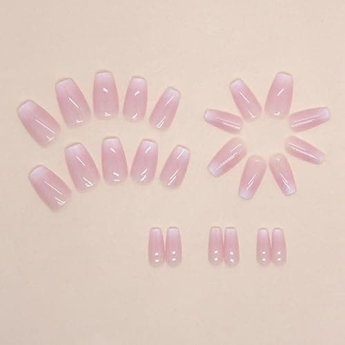 Ombre Press on Nails Coffin Fake Nails Medium False Nails with Design Pink White Gradient Full Cover Acrylic Nails Artificial Glue on Nails for Women Girls Manicure 24Pcs… thumbnail 3
