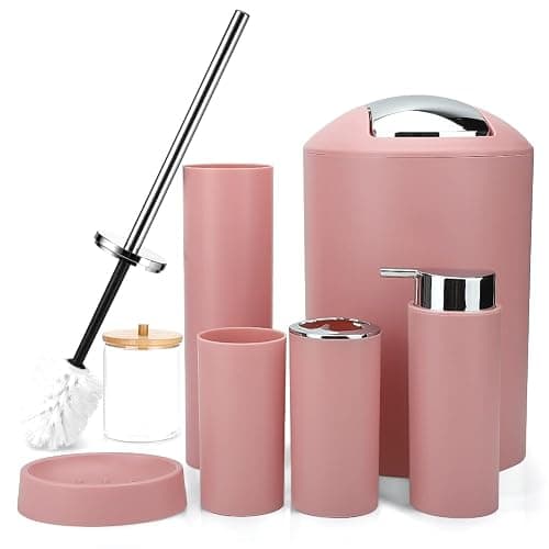 Otostar Bathroom Accessory Set Plastic Bathroom Accessories Set with Soap Dispenser Toothbrush Holder Qtip Holder Tumbler Soap Dish Toilet Brush Holder Trash Can Housewarming Gifts Bath Set (Pink) thumbnail 9