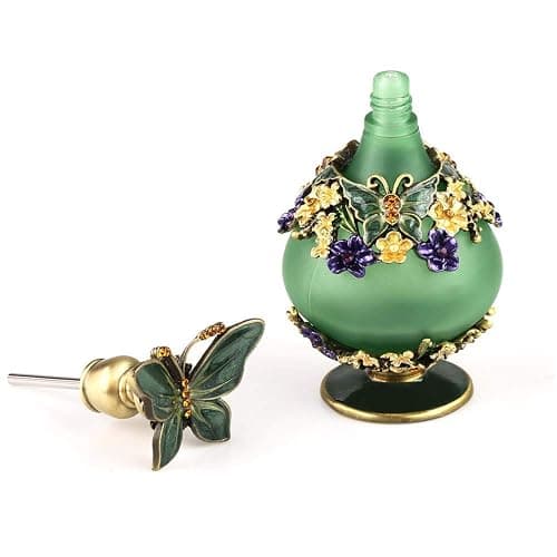 Rayberro Green Butterfly Vintage Perfume Bottle, Crystal Rhinestone Inlayed Decorative Perfume Bottles, 25ML Empty Refillable Essential Oils Dropper Bottle, Glass Perfume Bottles for Women Girl Gift thumbnail 2