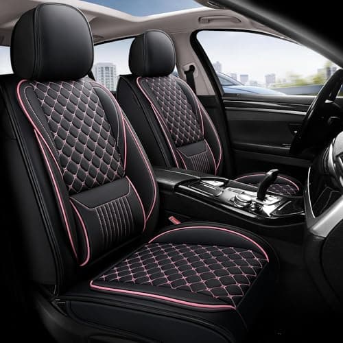 Jiujiuyouchuang Leather Car Seat Covers,Full Coverage Seat Covers Full Set with Fix Lumber Support,Universal Automotive Seat Covers for Cars,SUVs,Trucks and Sedans (Black&Pink, Full Set) - Image 1