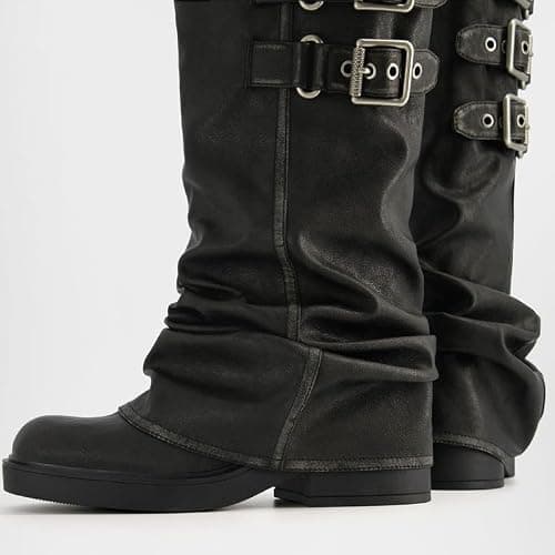 ClassicSter Fold Over Knee High Boots Slouch Boots for Women Chunky Goth Platform Boots,2 inch Heel Wide Calf Long Boots Square Toe Riding Boots thumbnail 5