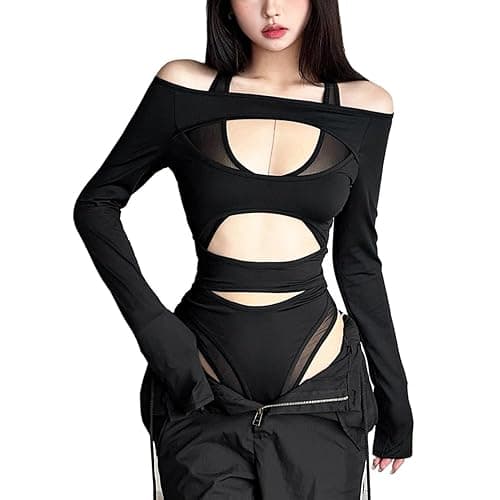 SINROYEE Women Hollow Out Outfits One Piece Jumpsuit Long Sleeve Top Cut Out Bodysuit for Rave Party Club - Image 1