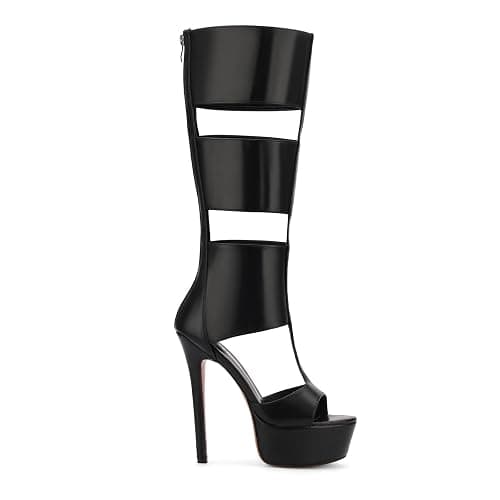 FancyQueen Platform Knee High Heels for Women, Gladiator Open Toe Summer Boots Black Heels Sandal, Sexy Style Casual for Party thumbnail 5