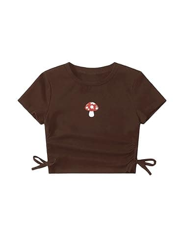 SHENHE Girl's Mushroom Print Short Sleev Crop Tops Ruched Drawstring Tee T Shirts - 10 Years - Chocolate Brown