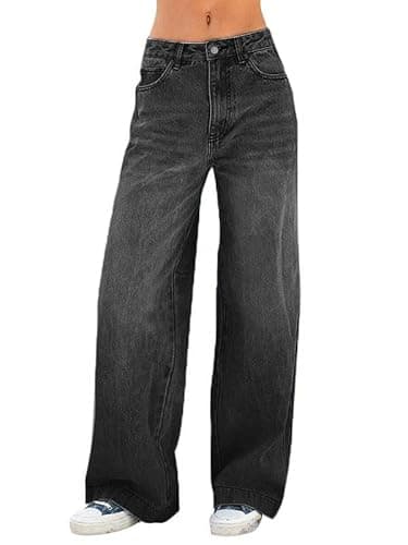 EMMIOL Women's 2025 Wide Leg Jeans Distress Mid Waist Denim Pants Vintage Y2K Trousers - Black - X-Large
