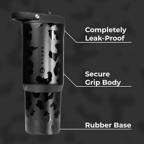 HydroJug Sport - Stainless Steel Tumbler with Straw, Vacuum Insulated, 40oz Leakproof Water Bottle, Ergonomic Design, Reusable, Dishwasher Safe, Rubber Base, Durable for Gym or Outdoors, Black Leopard thumbnail 3