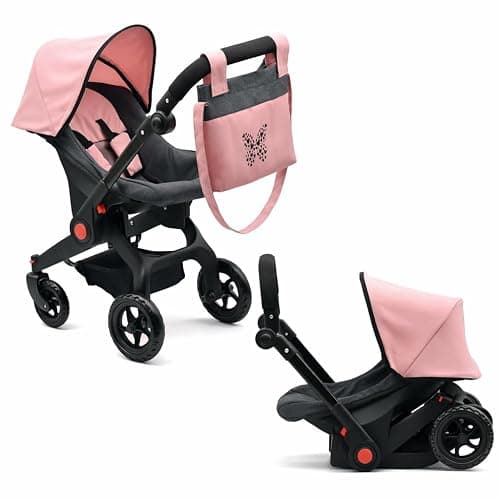 Baby Doll Convertible Travel Stroller for Girls Toddler Play Toy Car Seat Two in One Foldable Carriage for Kids with Diaper Bag Pretend Play Stroller for Doll - Image 1
