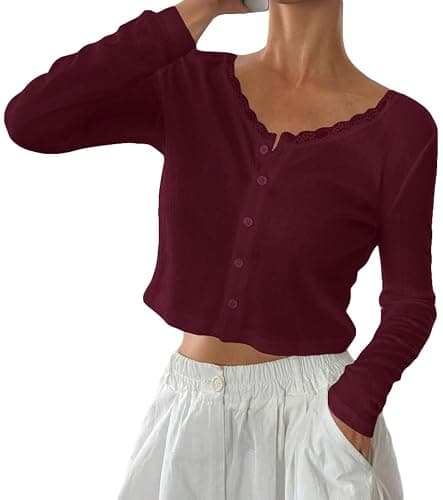 BAIGRAM Women Long Sleeve Button Down Open Front V Neck Crop Cardigan Shirt Y2K Lace Patchwork Pointelle Knit Minimalist Tops - Image 1
