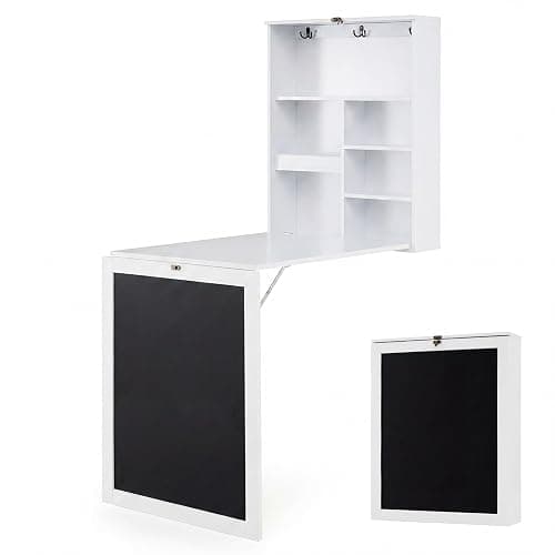 Tangkula Foldable Wall-Mounted Desk, Floating Desk with Chalkboard, Storage Shelves & Hooks, Space-Saving Murphy Table for Home Office, Bedroom, Dorm Room, Small Spaces thumbnail 9