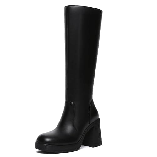 Athlefit Black Knee High Boots for Women Platform Tall Boots Fashion Square Toe Chunky Heeled Booties - Image 1