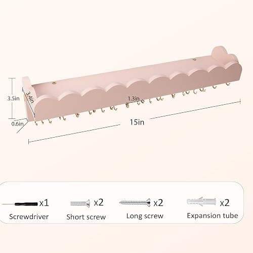 Lampaggio Wall Mount Jewelry Organizer with 28 Hooks and Cosmetics Shelf, Modern Wood Hanging Jewelry Holder for Necklaces, Bracelets, Earrings and Rings, Pink thumbnail 3