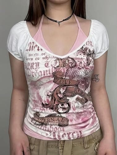 Y2K Emo Grunge Shirt Women Emo Goth Indie T-Shirts Teen Girl Graphic Tee Scene 2000s Alt Gyaru Mcbling Clothes (Small,Pink) thumbnail 2