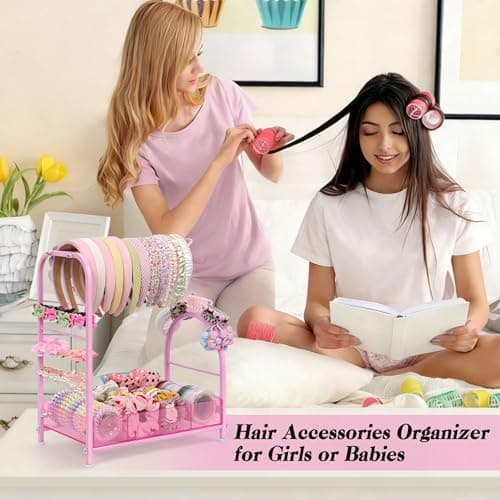 Keebofly Acrylic Hair Accessories Organizer, Versatile Headband Holder Stand for Scrunchies, Bows, Claw Clips, Hair Tie, Compact Hair Organizer Storage Container for Girls, Women, Babies, Soft Pink thumbnail 7
