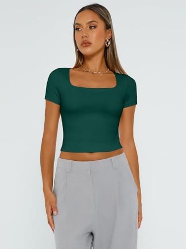 Trendy Queen Tshirts Shirts for Women Double Lined Going Out Crop Tops 2025 Spring Summer Workout Y2k Clothes Beach Fashion - Small - Darkgreen thumbnail 2