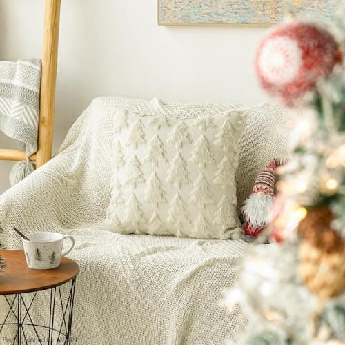 AVOIN colorlife Christmas Tree Beige Throw Pillow Covers Set of 2, 18 x 18 Inch Soft Plush Faux Fur Jacquard Festivals Winter Cushion Case Decoration for Sofa Couch thumbnail 5
