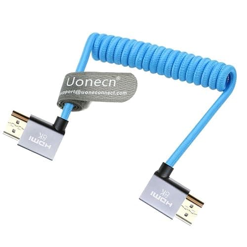 Uonecn 4K Coiled HDMI Cable for Camera HDMI Cable for Atomos Ninja V, Right Angle HDMI for Sony A7siii, Short HDMI Cord for Z-CAM F6, Z-Cam E2 Pro Cameras Blue - Image 1