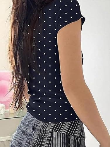 Women’s Polka Dot Lace Trim T Shirt Y2K Square Neck Short Sleeve T-Shirts Y2K Cute Ribbed Knit Cropped Slim Fit Tee thumbnail 2