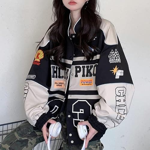 POHADON Varsity Jacket For Women Patchwork Long Sleeve Racing Bomber Letterman Jackets Color Block Y2k Vintage Streetwear - Small - Black thumbnail 2