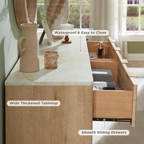 T4TREAM Fluted 6 Drawers Dresser, 54" Wide Modern Chest of Drawers with Faux Marble Top, Curved Profile Design, Dresser TV Stand, Wood Drawer Organizer for Bedroom, Living Room, Hallway, Natural Oak thumbnail 5