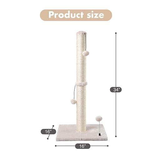 MECOOL 34” Tall Cat Scratching Post Premium Basics Kitten Scratcher Sisal Scratch Posts Trees with Hanging Ball for Indoor Cats, Beige thumbnail 4