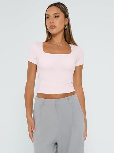 AUTOMET Womens Double Lined Short Sleeve Crop Top for Summer Going Out Workout Gym thumbnail 7