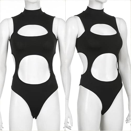 SINROYEE Sexy Hollow Out Women Bodysuit Summer Streetwear Outfit Gothic Jumpsuit T Shirt Short Sleeve Sleeveless (Size: Medium) thumbnail 4