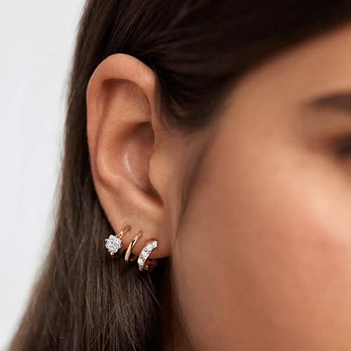 Obidos 14K Gold Plated Triple Huggie Illusion Stud Earrings | Double Huggie Hoop Earrings for One Hole | Gold Hoop Earrings for Women | Drop earrings thumbnail 2