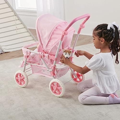 Badger Basket Double Front to Back Stroller for Dolls - Lightweight Foldable Toy Pram with Gingham Fabric Canopy and Storage Basket – Fun Pretend Play for Kids Ages 3 and Up - Pink thumbnail 9