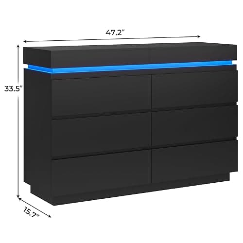 DICTAC Modern 6 Drawer Dresser with Sliding Desktop, Wide Chest of Drawers with Charging Station & LED Lights, Large Storage Tower Clothes Organizer, Black Dresser for Bedroom thumbnail 2