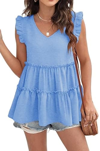 AGSEEM Babydoll Tops for Women Summer Casual Loose Fit Cute Peplum Tank Top | V Neck Ruffle Sleeve Shirts, Lightweight Flowy Pleated Blouse for Daily Life, Beach, Vacation, Going Out, 2026 Trendy Outfits - Image 1