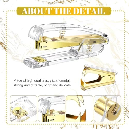 Acrylic Gold Tape Dispenser Gold Desktop Stapler Set, Office Supplies Includes Staple Remover, Tape Dispenser, Binder Clips, Paper Clips, Ballpoint Pen, Scissor, 1000pcs Staples Desk Accessory Kit thumbnail 5