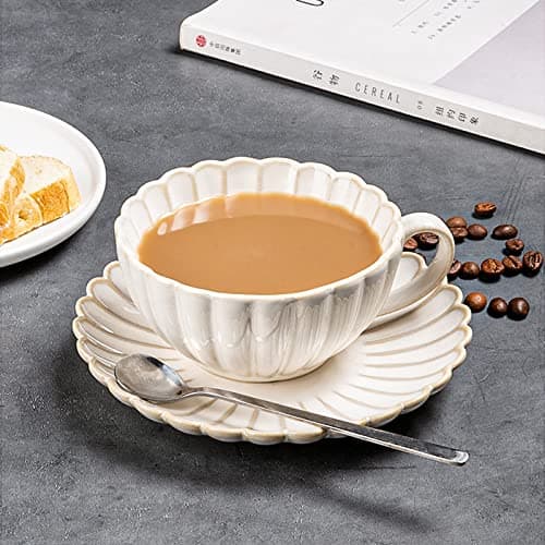 Colias Wing 9 Oz Petal Series Retro Design Ceramic Tea Cup Coffee Mug Travel Mug with Saucer-White thumbnail 5